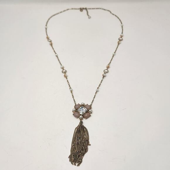 WHBM Pink Clear Rhinestone Metal Tassel Long Necklace Gold Tone Glass Bead - Picture 3 of 6